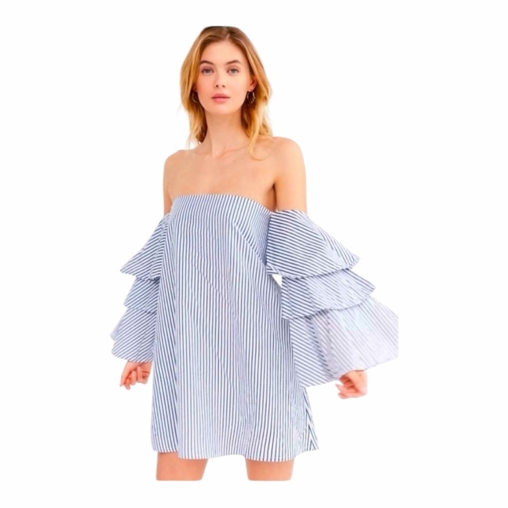 NWT! FAITHFULL THE BRAND Phi Phi Navy Soho Stripe Print Ruffle Mini Dress Size 2 - Picture 2 of 16